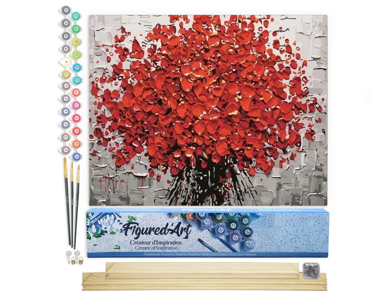 Figured'Art Paint by Numbers Kit for Adults Abstract Red Flowers 16"x20" - Craft Art Painting Rolled Canvas with DIY wooden frame